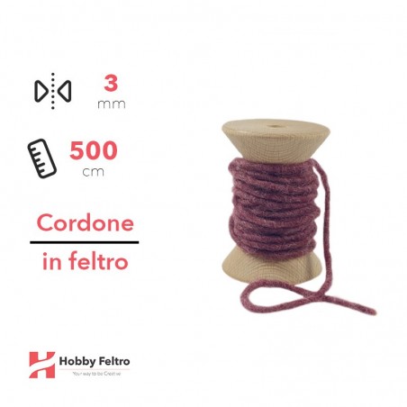 Cordone in Feltro di Lana Prugna 3mm 500cm COD.15