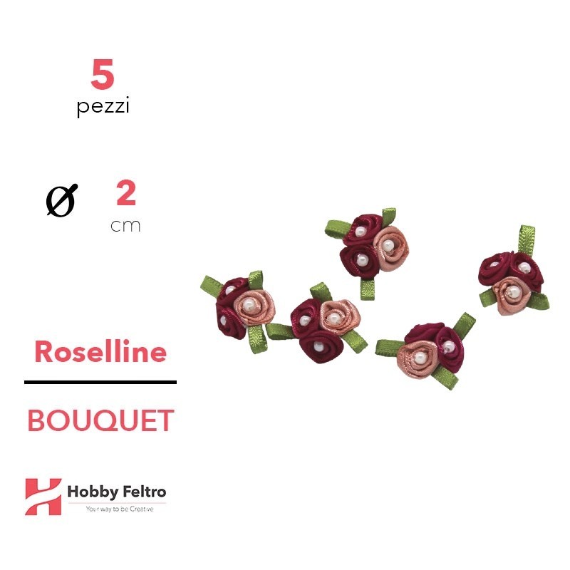 Bouquet Roselline colorate in Raso Bordeaux Rosa Antico 2cm KIT 5 Pezzi COD.09 Bouquet Roselline colorate in Raso Bordeaux Rosa Antico 2cm KIT 5 Pezzi COD.09