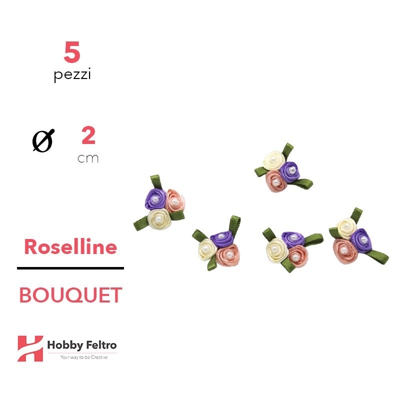 Bouquet Roselline colorate in Raso Salmone Viola Giallo 2cm KIT 5 Pezzi COD.07 Bouquet Roselline colorate in Raso Salmone Viola Giallo 2cm KIT 5 Pezzi COD.07