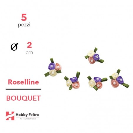 Bouquet Roselline colorate in Raso Salmone Viola Giallo 2cm KIT 5 Pezzi COD.07