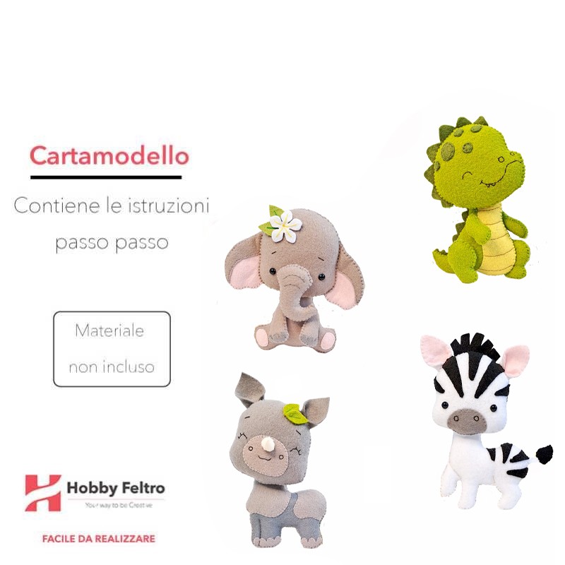 cartamodello animali coccodrillo elefante zebra pdf scaricabile per realizzare pupazzi in pannolenci per bambini e giostrine