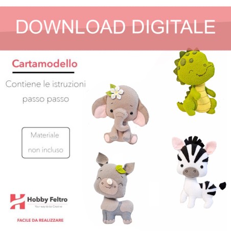 cartamodello animali coccodrillo elefante zebra pdf scaricabile per realizzare pupazzi in pannolenci per bambini e giostrine