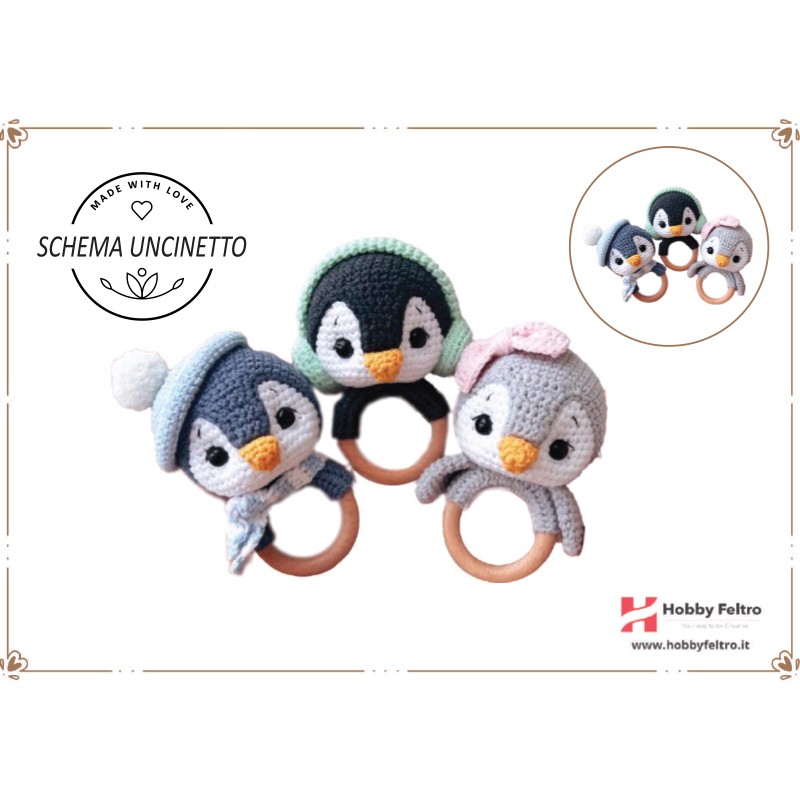 schema per uncinetto sonaglio per bebè per dentizione Pinguino
