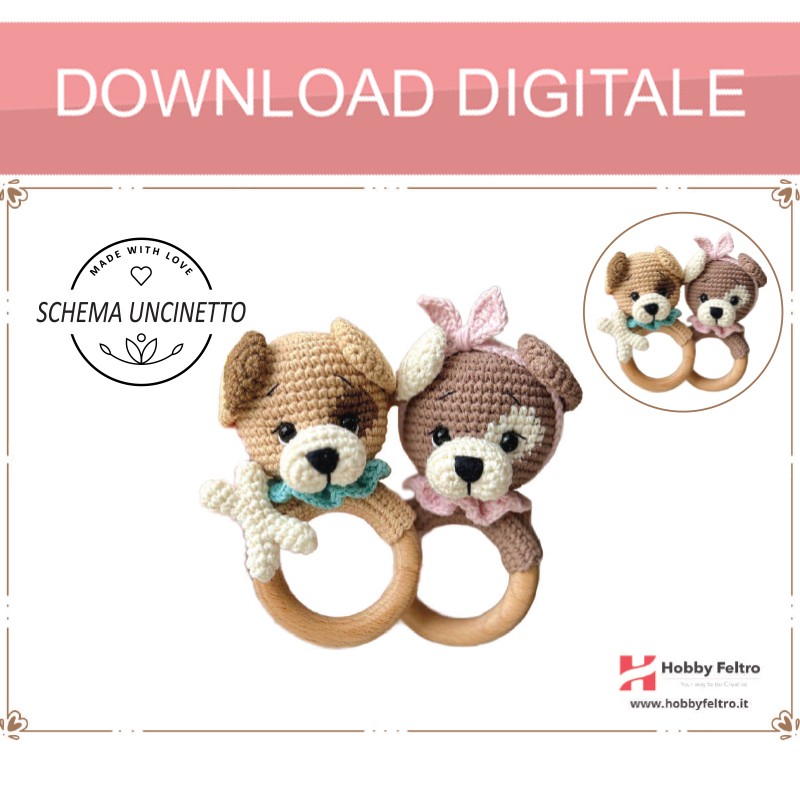 schema per uncinetto per realizzare un sonaglio con manico in legno per dentizione per neonati cane