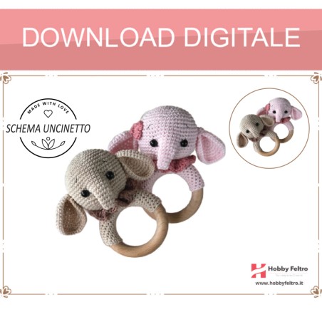 schema per uncinetto per realizzare un sonaglio con manico in legno per dentizione per neonati Elefante