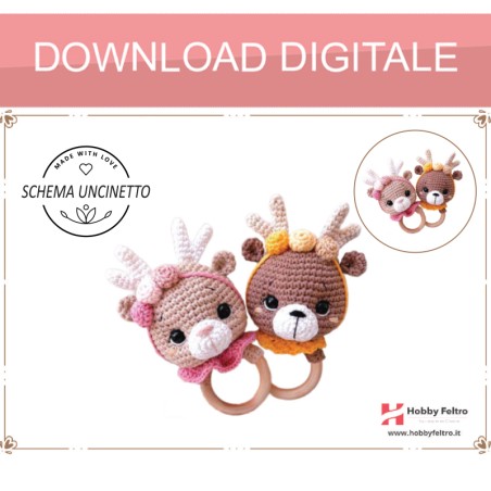 schema per uncinetto per realizzare un sonaglio con manico in legno per dentizione per neonati Renna