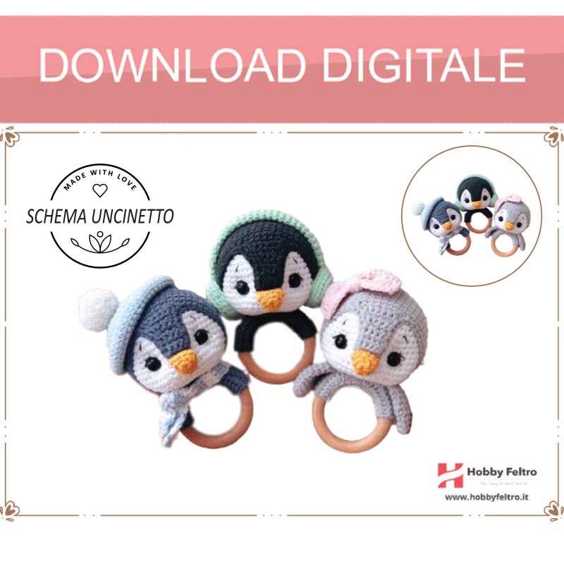 schema per uncinetto per realizzare un sonaglio con manico in legno per dentizione per neonati Pinguino