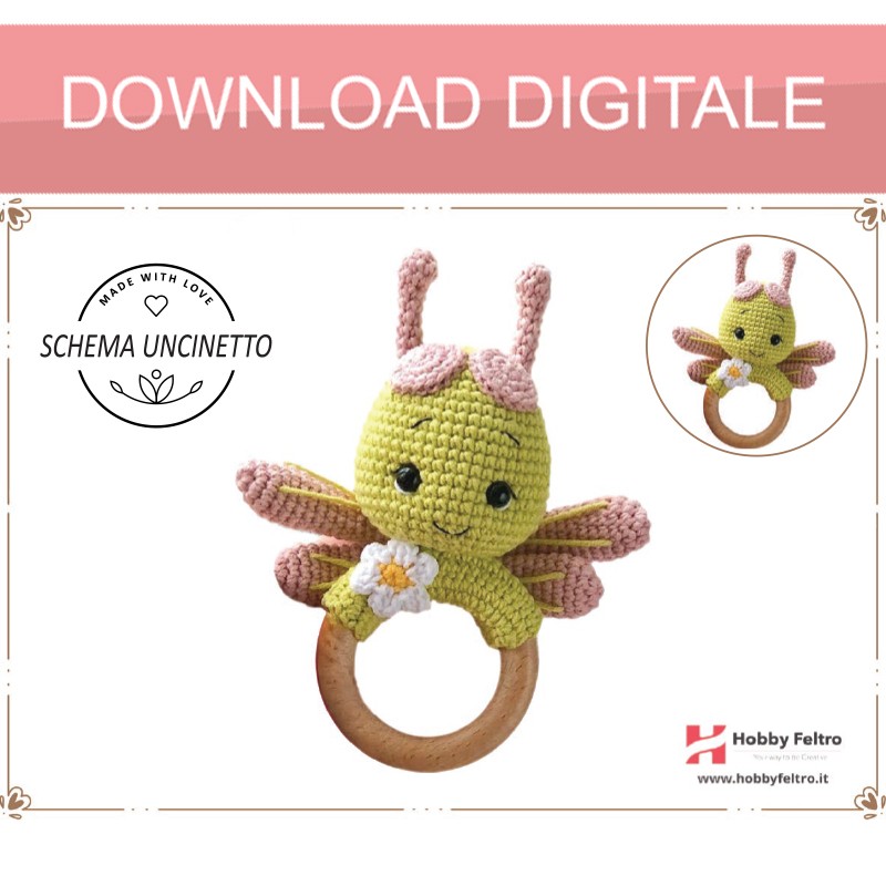 schema per uncinetto per realizzare un sonaglio con manico in legno per dentizione per neonati Libellula