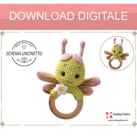 schema per uncinetto per realizzare un sonaglio con manico in legno per dentizione per neonati Libellula
