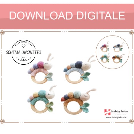 schema per uncinetto per realizzare un sonaglio con manico in legno per dentizione per neonati Bruco