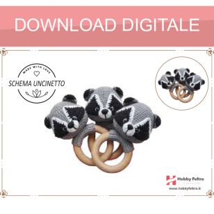 schema per uncinetto per realizzare un sonaglio con manico in legno per dentizione per neonati Procione