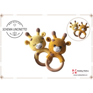 schema per uncinetto per realizzare un sonaglio con manico in legno per dentizione per neonati Giraffa