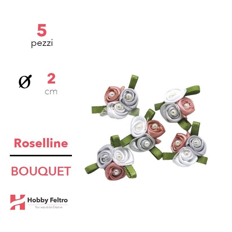 Bouquet Roselline colorate in Raso Bianco Grigio Rosa 2cm KIT 5 Pezzi COD.02