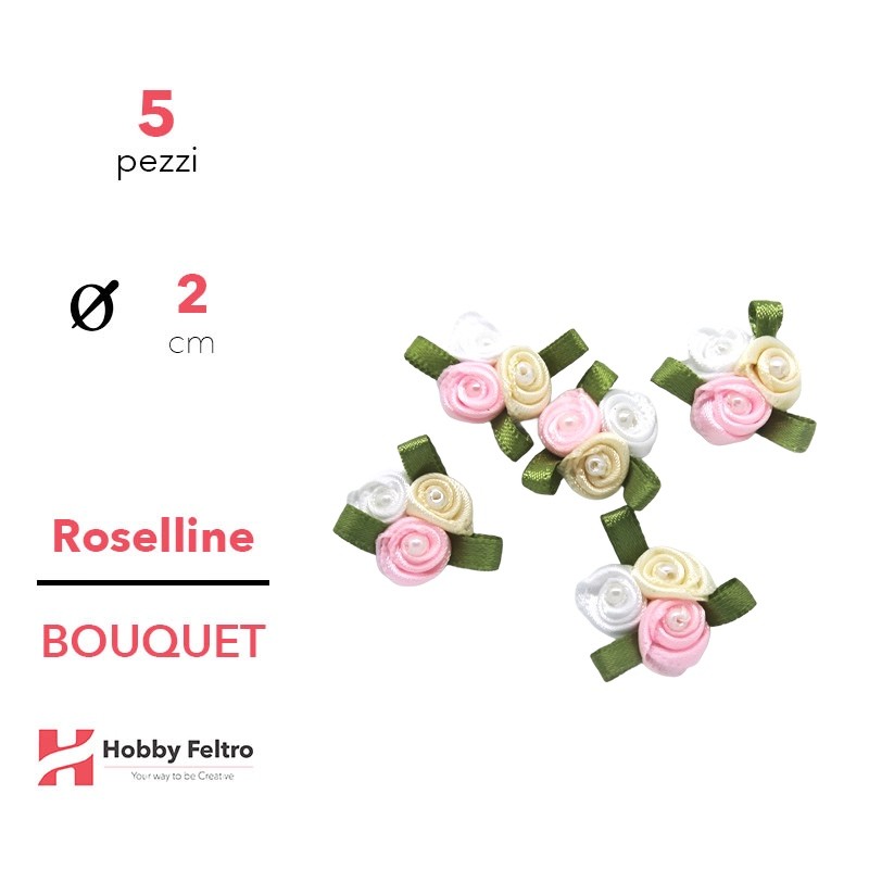 Bouquet Roselline colorate in Raso Giallo Rosa Bianco 2cm KIT 5 Pezzi COD.03