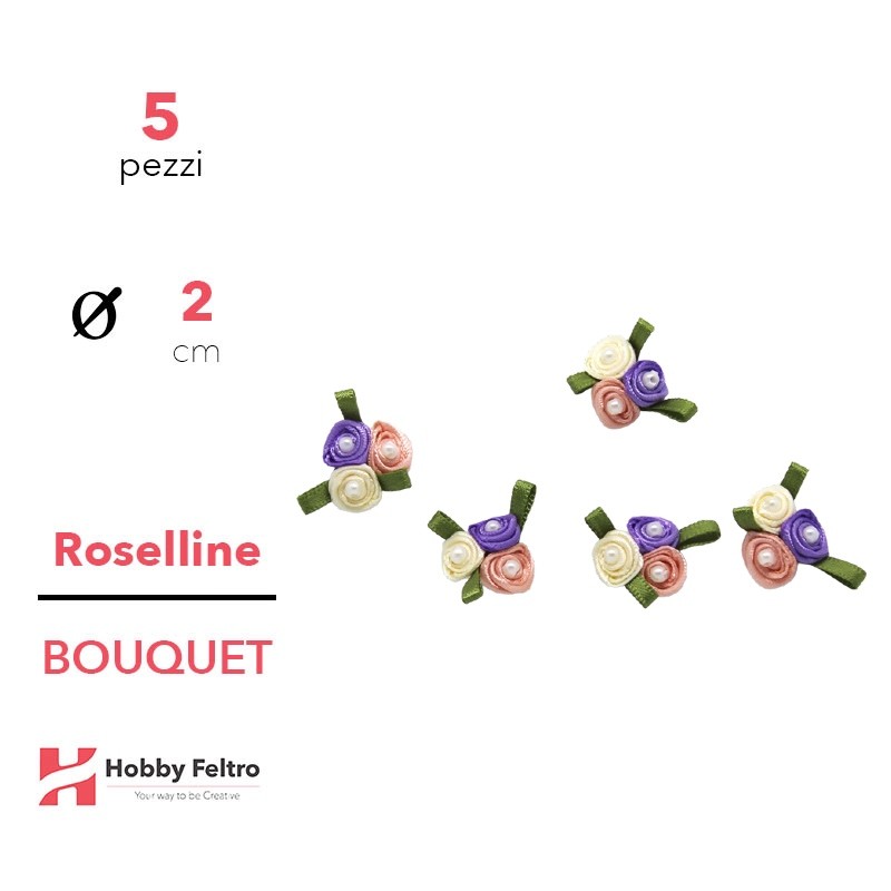 Bouquet Roselline colorate in Raso Salmone Viola Giallo 2cm KIT 5 Pezzi COD.07
