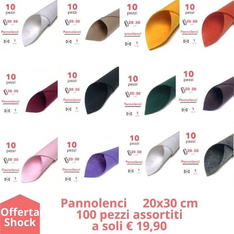 Fogli di Pannolenci Offerta 100 Pezzi assortiti colori vari 1mm 20x30cm