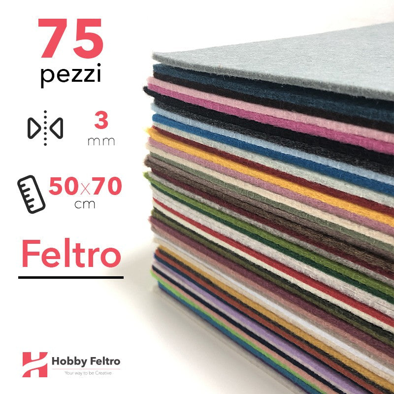 Kit Risparmio Feltro Tinta Unita 50x70cm 3mm 75 pezzi