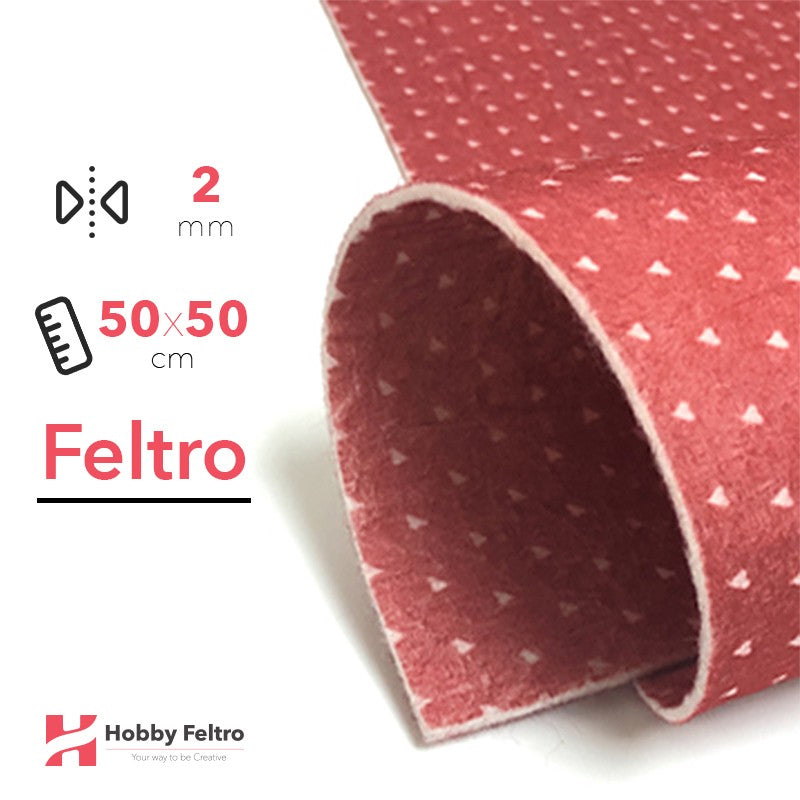 Feltro Stampato Fantasia 50x50cm 2mm Sfondo Rosso Cuori Bianchi COD.11