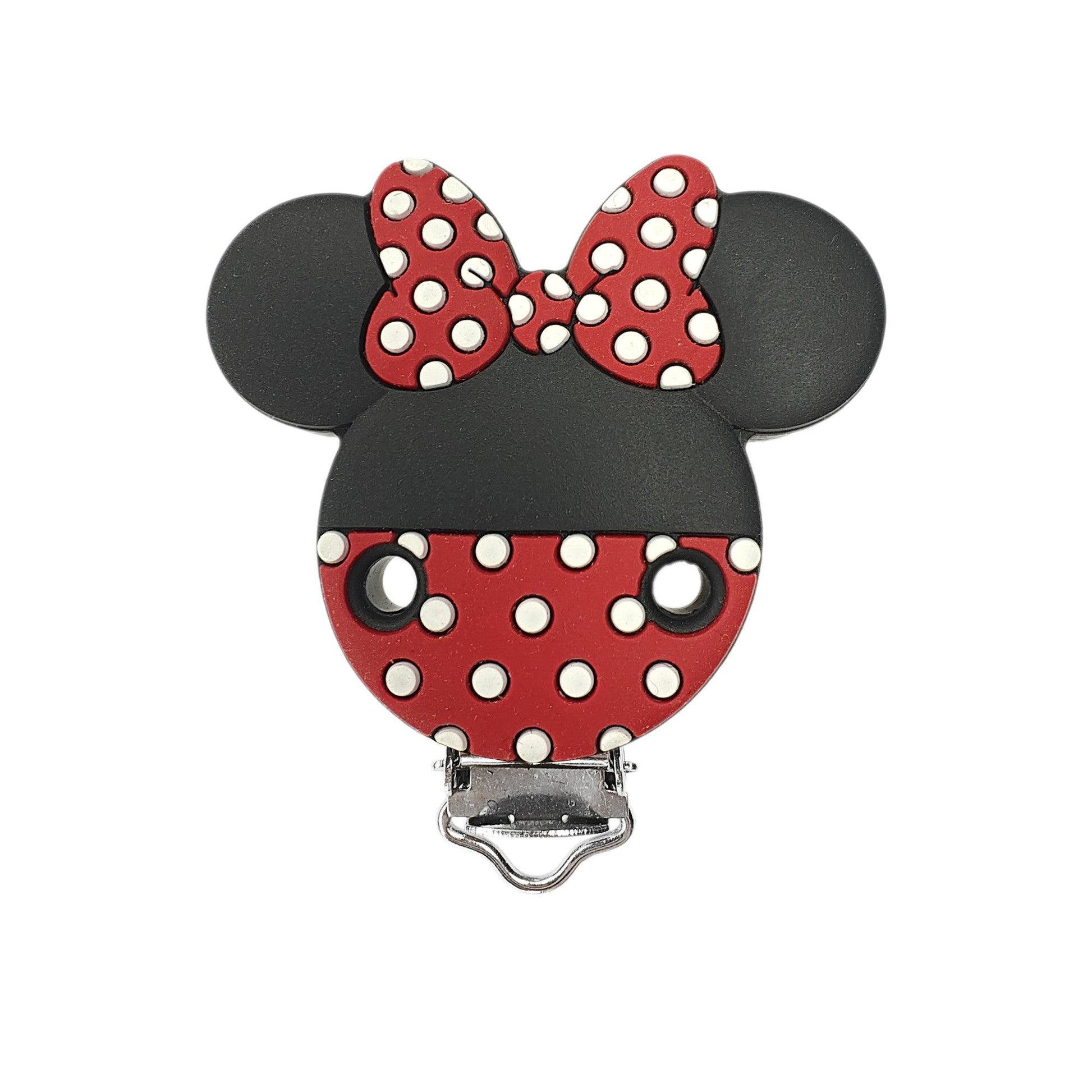 clip minnie mouse in silicone 65x53mm per porta ciuccio e catenelle in silicone per dentizione neonati pois rosso