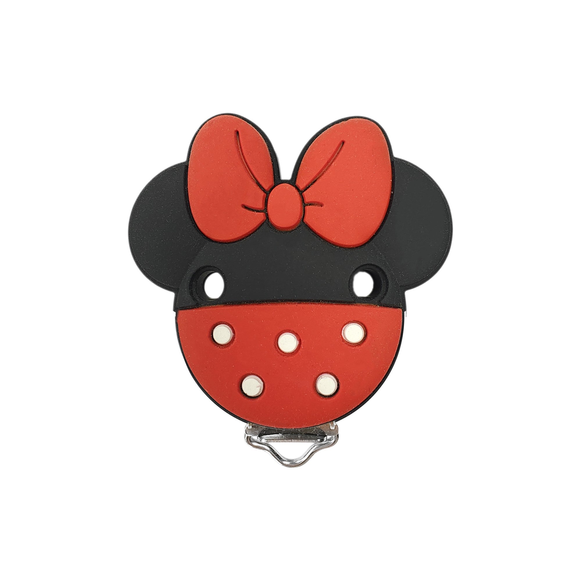 clip minnie mouse in silicone 65x53mm per porta ciuccio e catenelle in silicone per dentizione neonati pois rosso