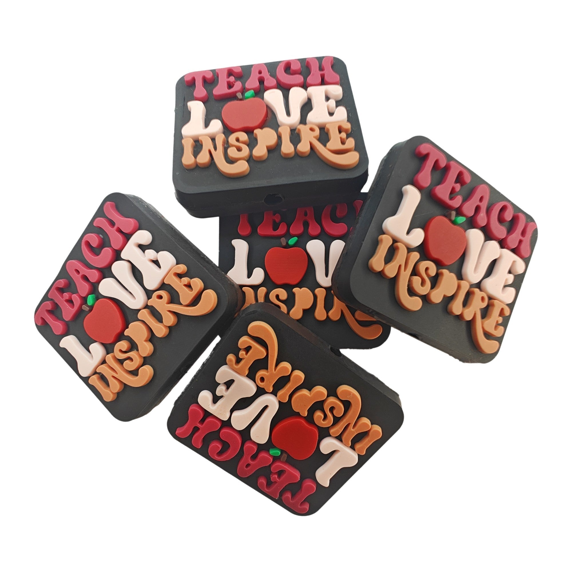 perlina separatore teach love inspire 30x27mm in silicone alimentare per personalizzare penne portachiavi collane