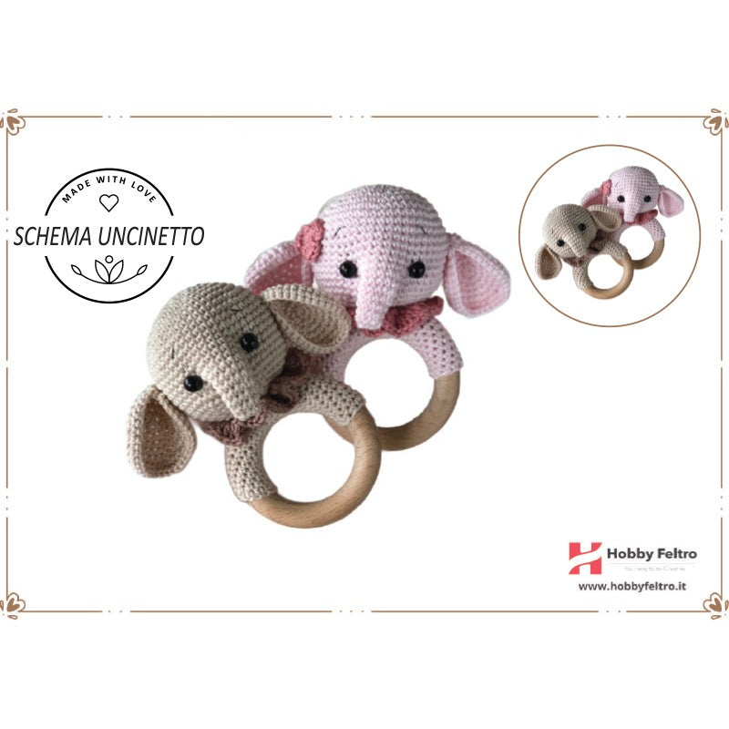 schema per uncinetto per realizzare un sonaglio con manico in legno per dentizione per neonati Elefante