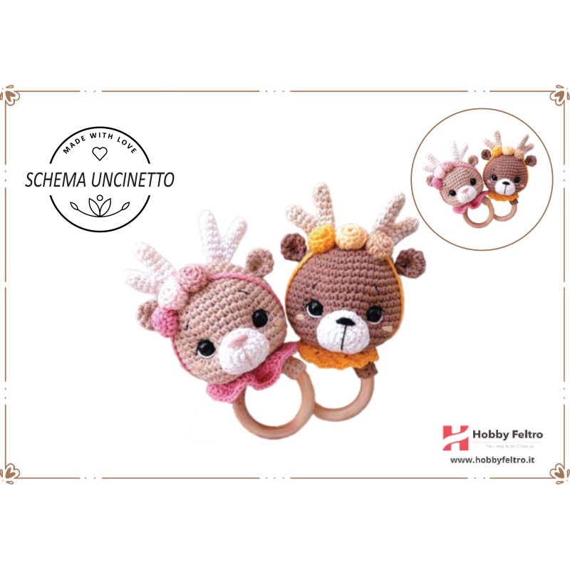 schema per uncinetto per realizzare un sonaglio con manico in legno per dentizione per neonati Renna