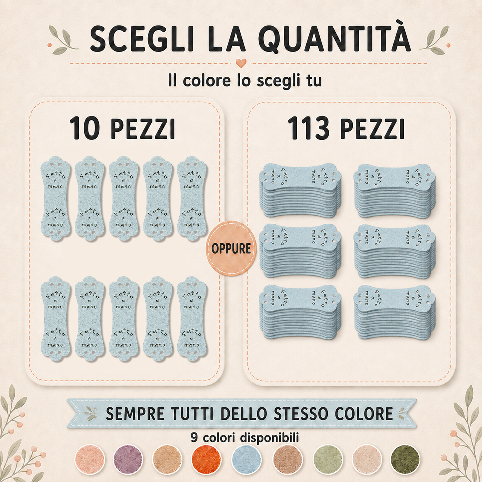 Etichette in Ecopelle a Fascetta “Fatto a Mano” Verde – 10 o 150 Pezzi