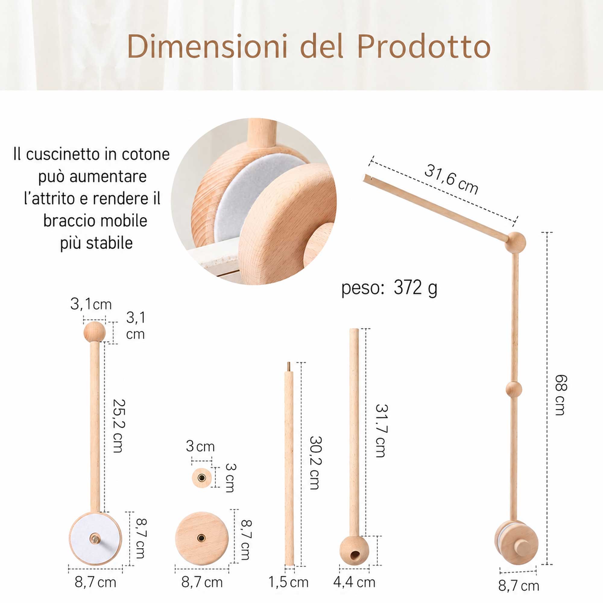 Braccio in Legno per Giostrina da Culla Regolabile 360°